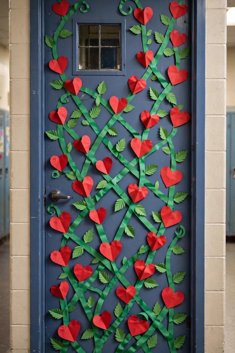 Classroom door with green vines and hearts growing upward