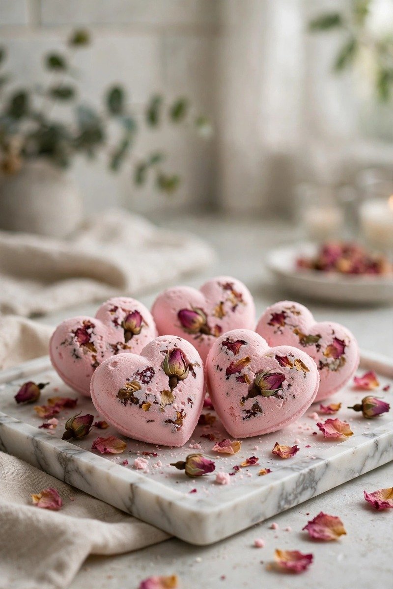 Heart-shaped pink bath bombs with rose petals