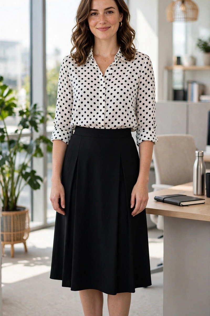 Woman in polka dot blouse and black skirt