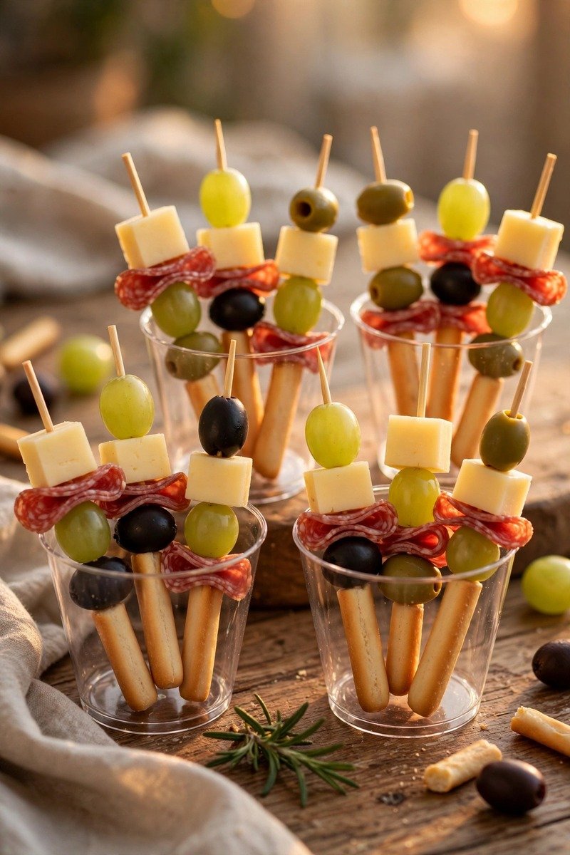 Individual charcuterie cups with skewered cheese and meat
