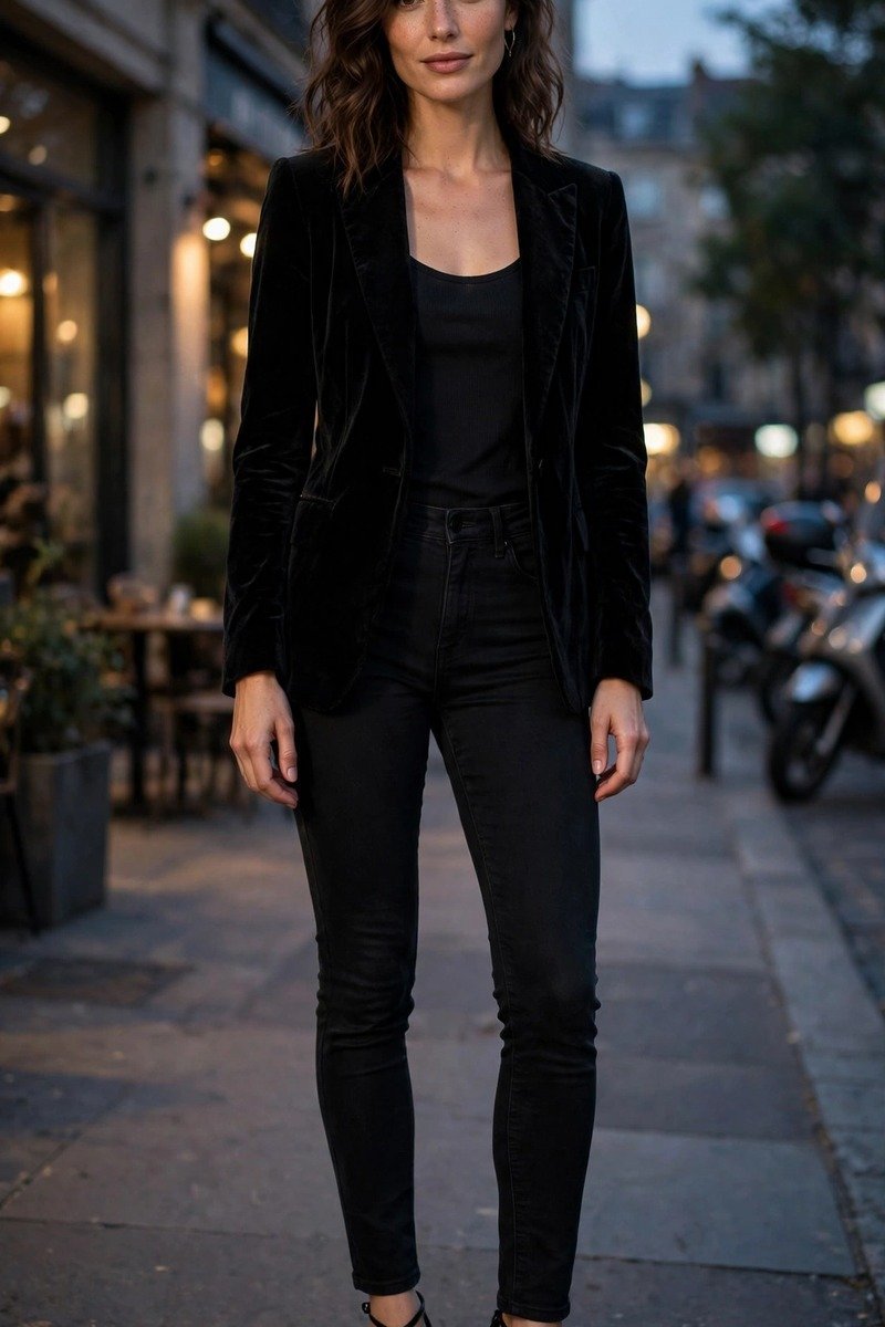 Black velvet blazer with black jeans and strappy heels, date night look