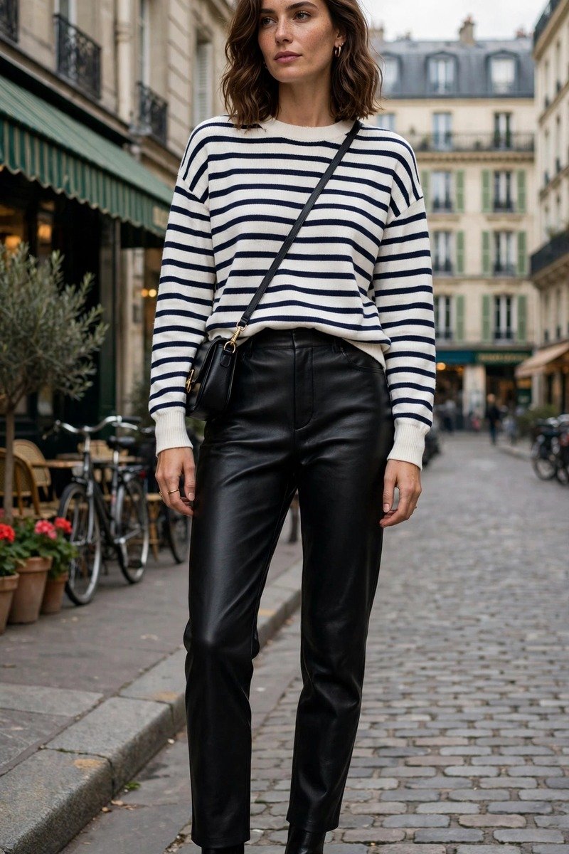 Woman in striped sweater and leather pants