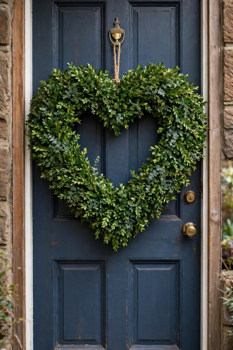 Heart-shaped boxwood Valentine's wreath