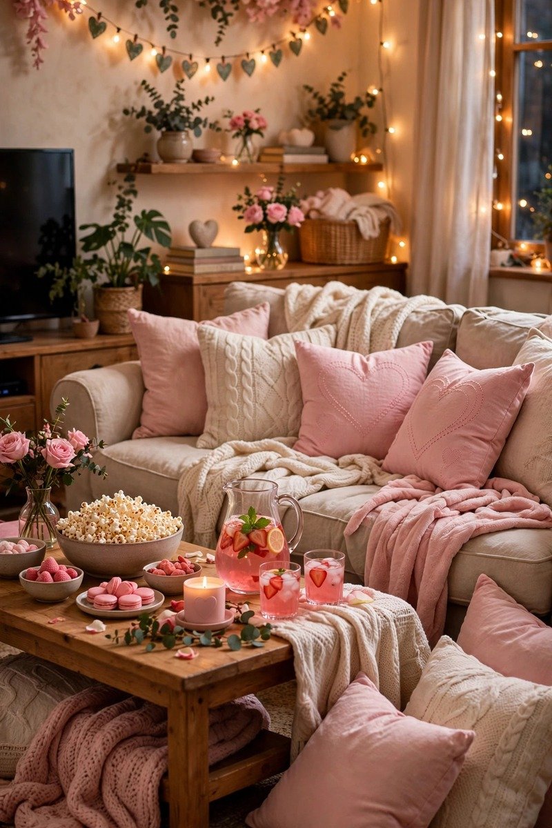 Cozy rom-com movie marathon setup with blankets
