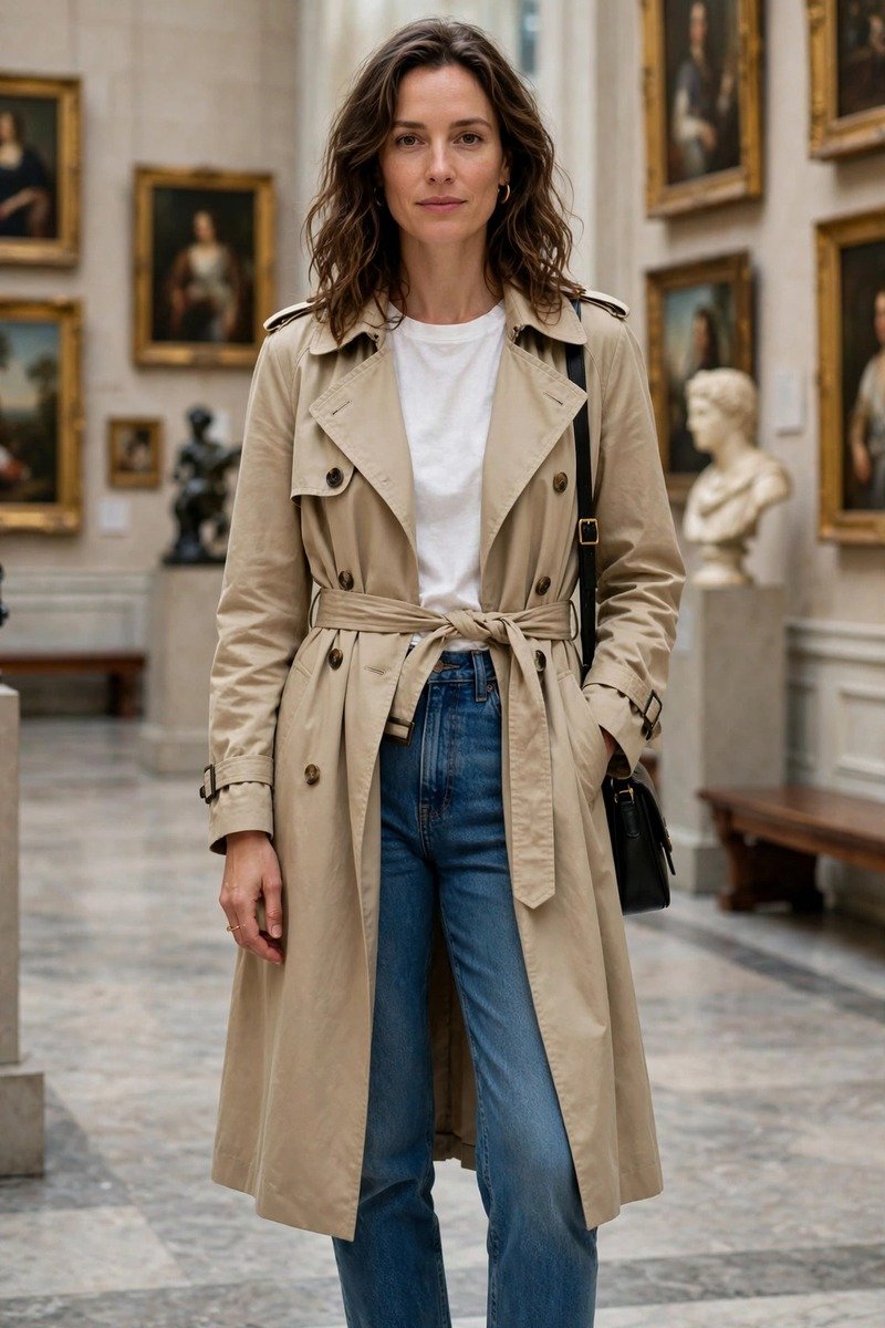 Woman in trench coat over jeans at a museum