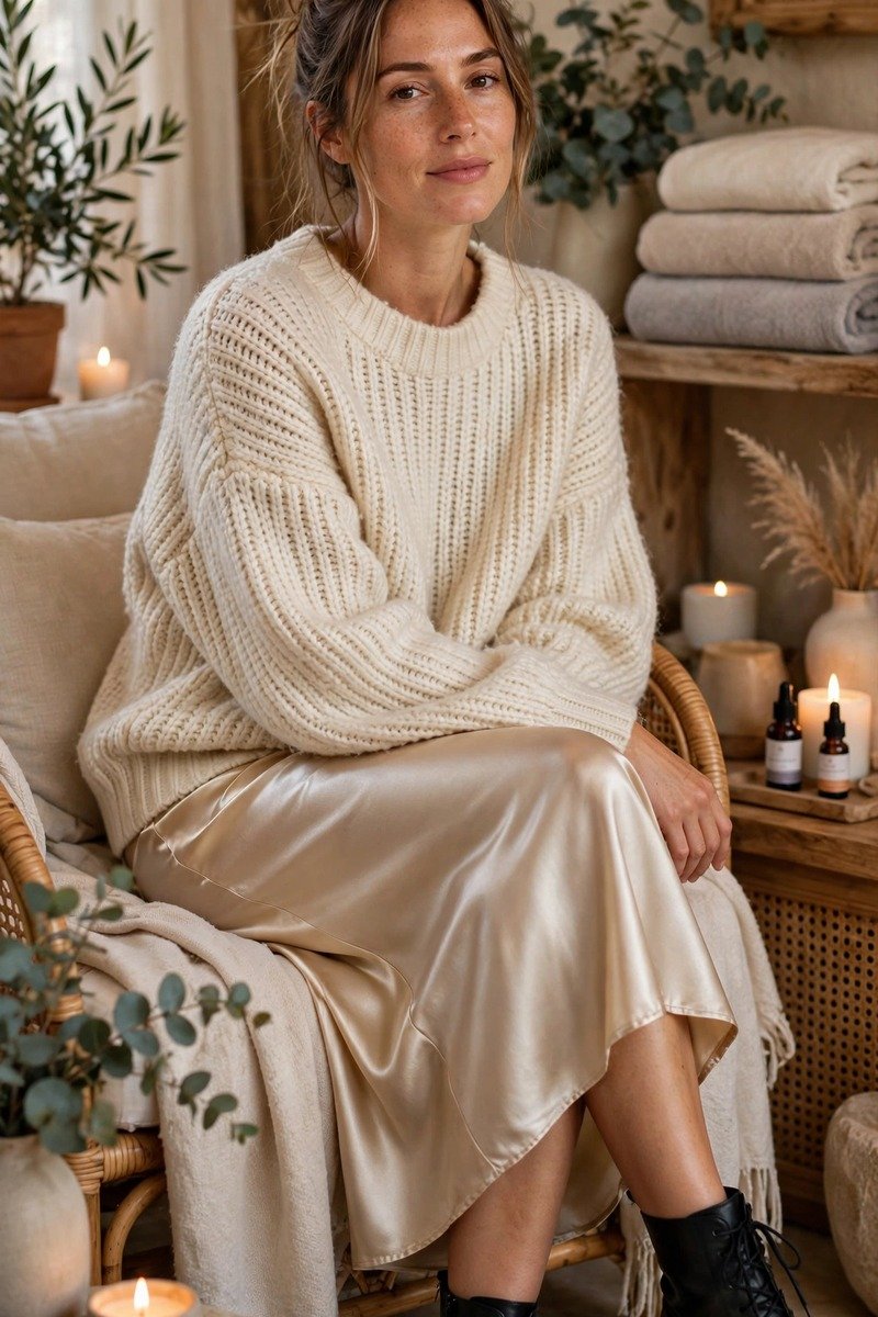 Woman in oversized sweater and slip skirt at a spa