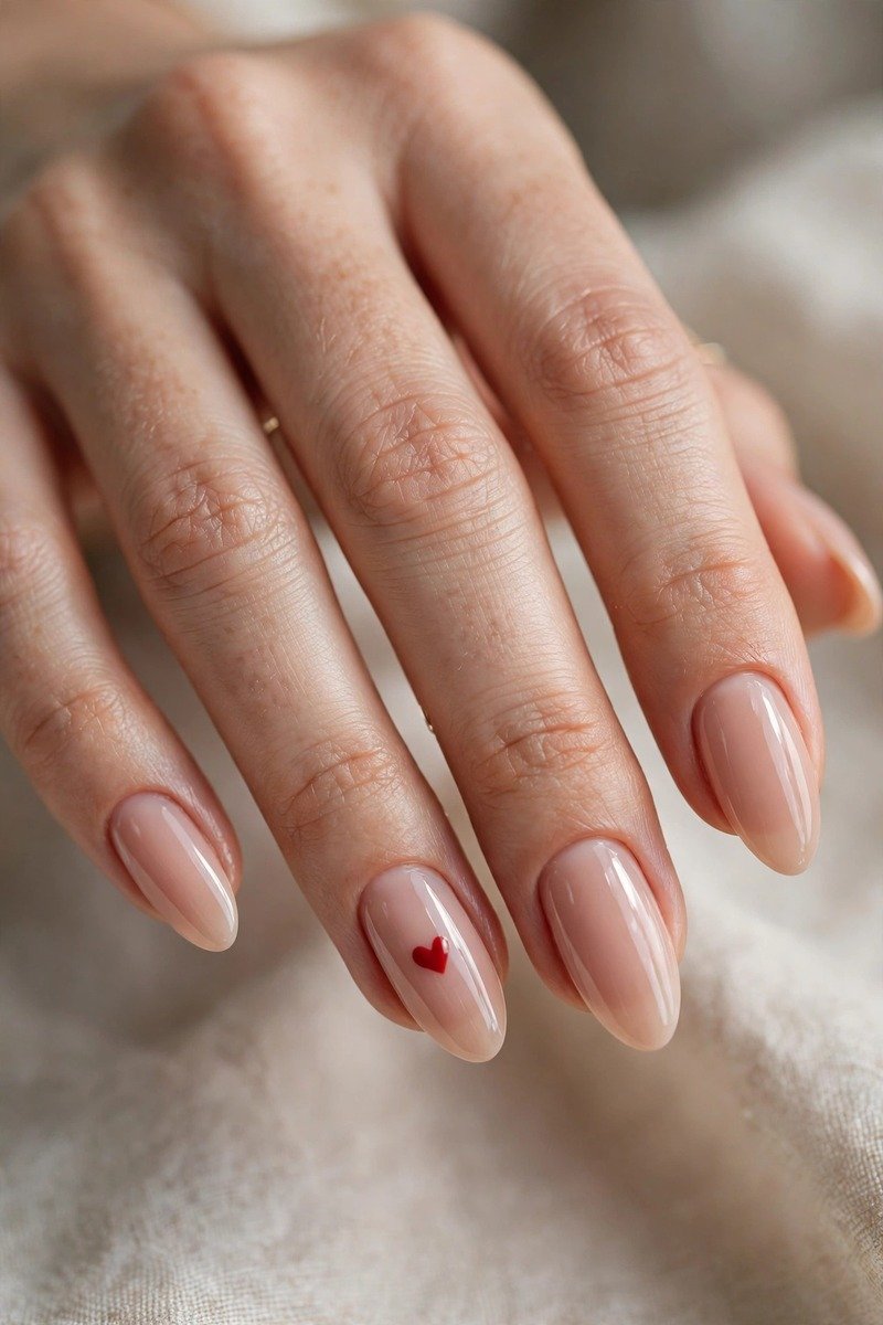 Glossy nude nails with a single red heart accent