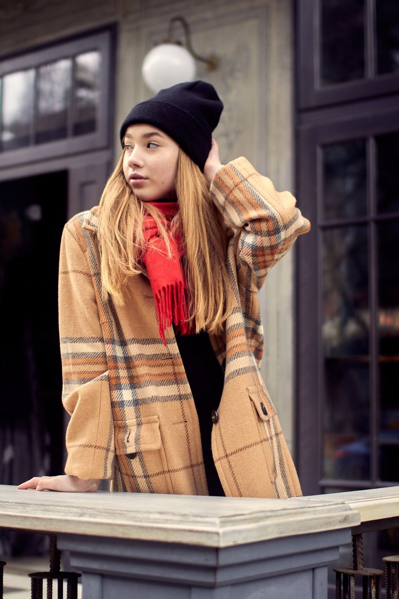 Plaid coat with a big scarf winter outfit