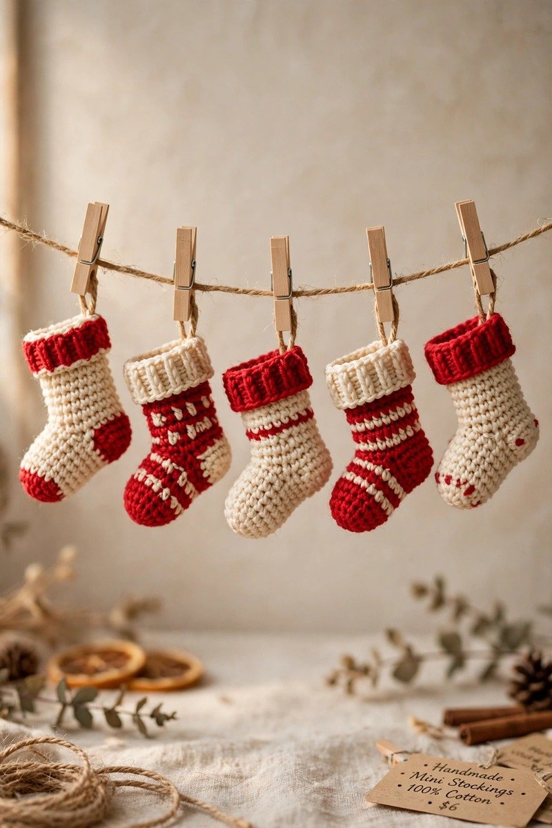 Crochet mini stockings in red and cream yarn