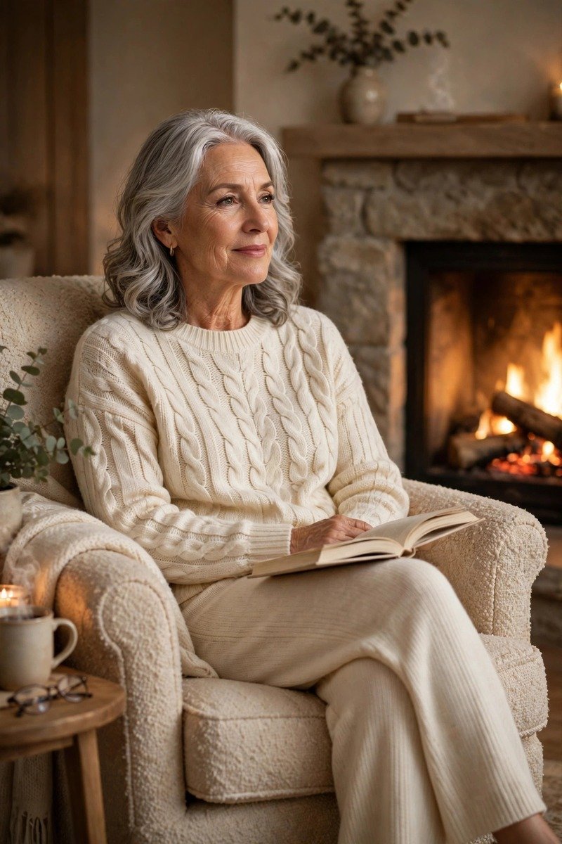 Woman over 50 in a cream knit matching set