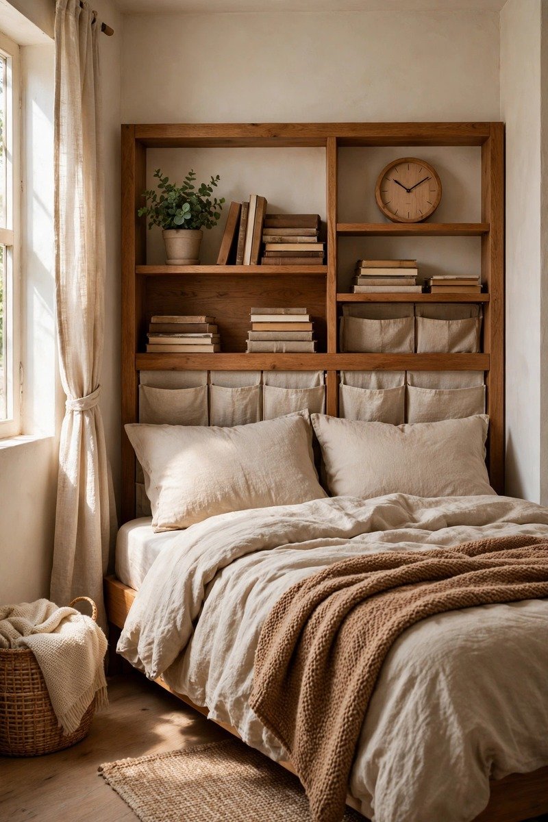 Small bedroom with a headboard with built in shelves