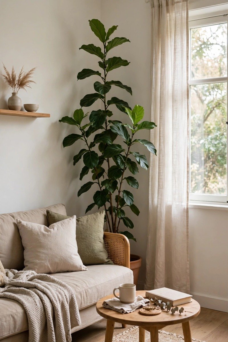 Small living room with one tall plant in the corner