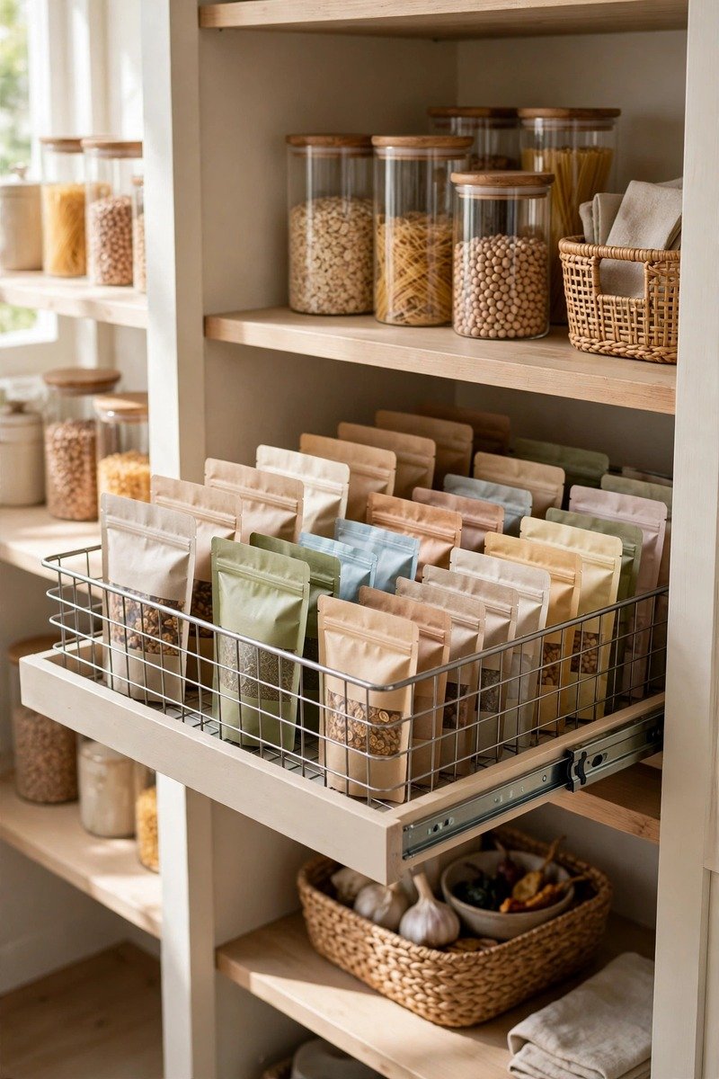 Drawer style bin holding packets and small items in a pantry
