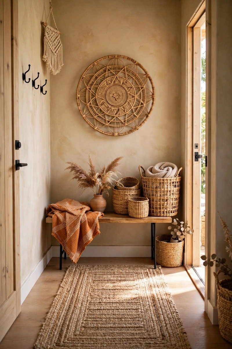 Woven textures and baskets in a small entryway