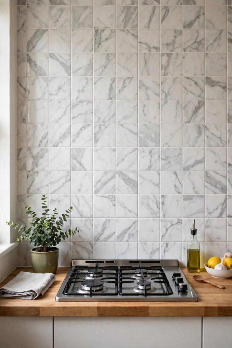 Peel and stick backsplash tiles in a kitchen