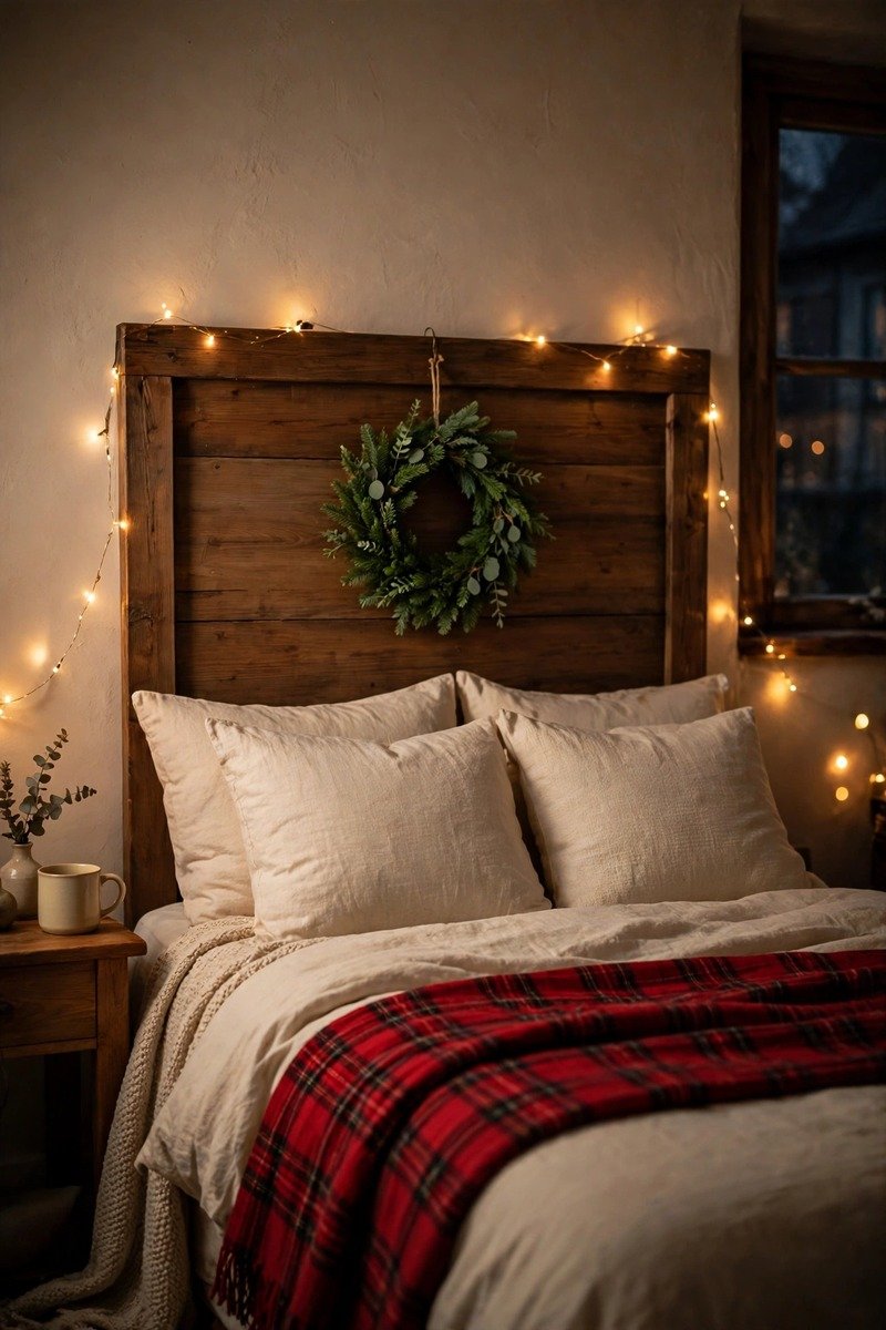 Small wreath on a headboard with festive throw