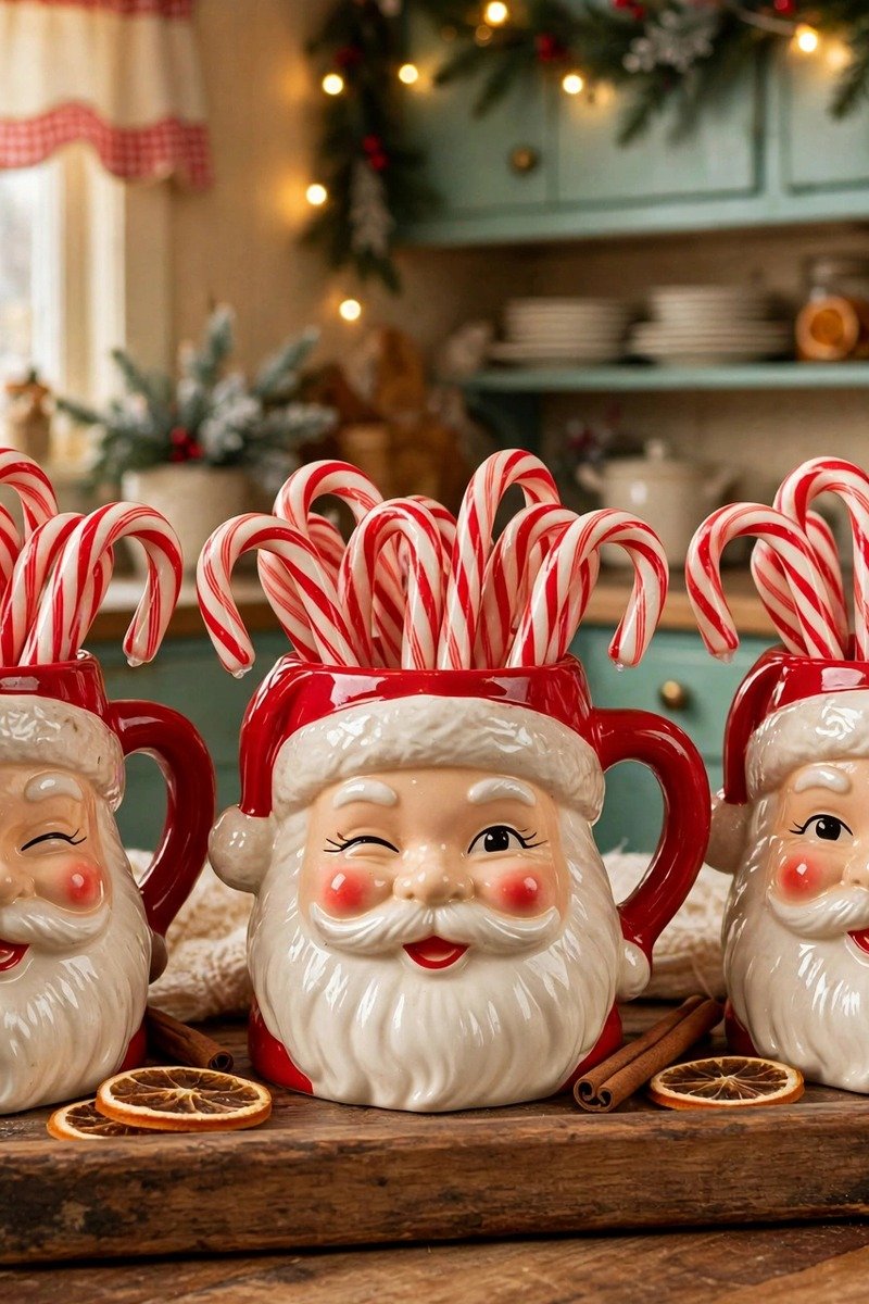 Vintage Christmas decorations winking Santa mugs