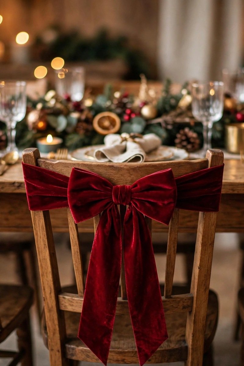 velvet ribbon chair bows Christmas table decor