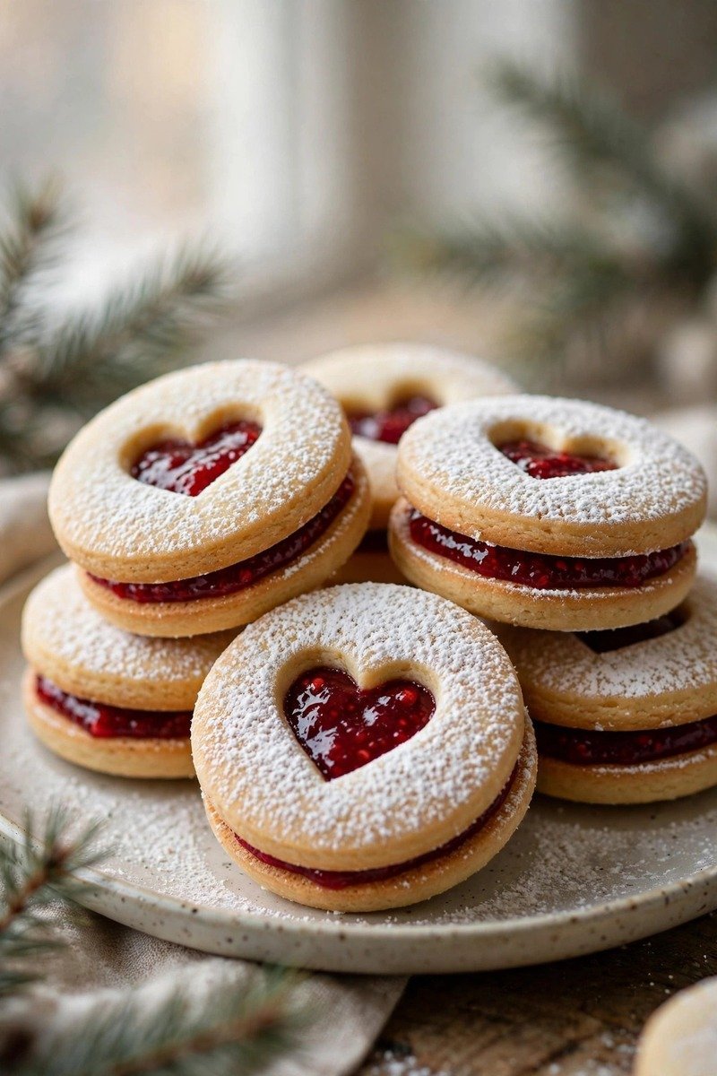 Raspberry linzer Christmas cookies with jam centers dusted with powdered sugar