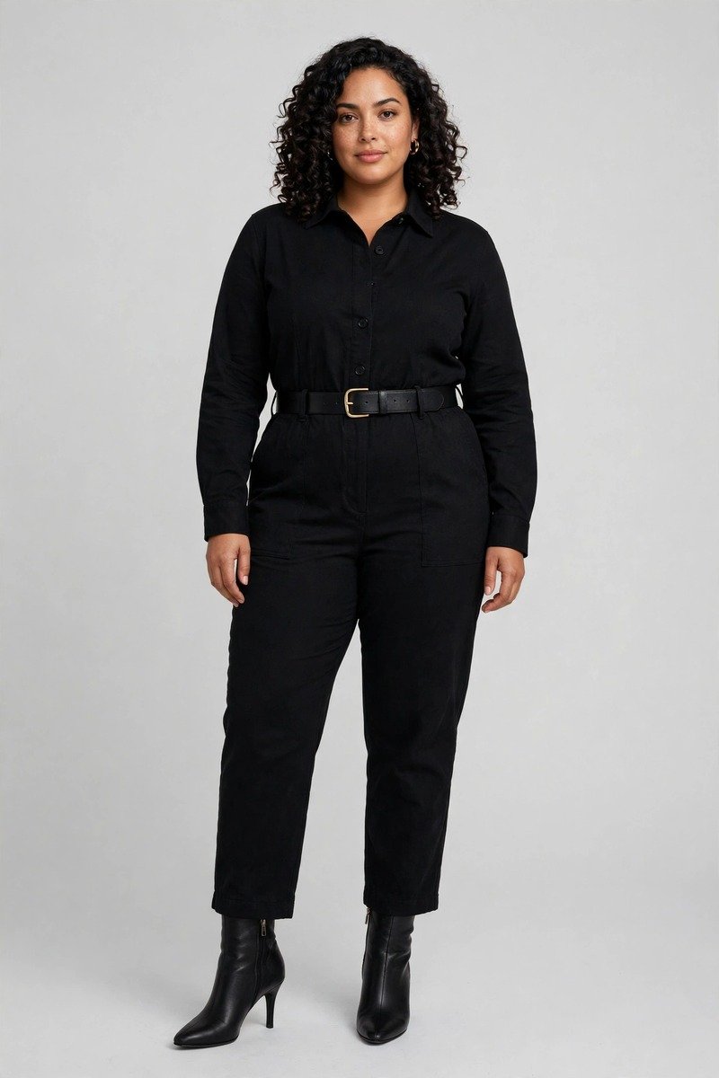 Black jumpsuit with heeled boots outfit