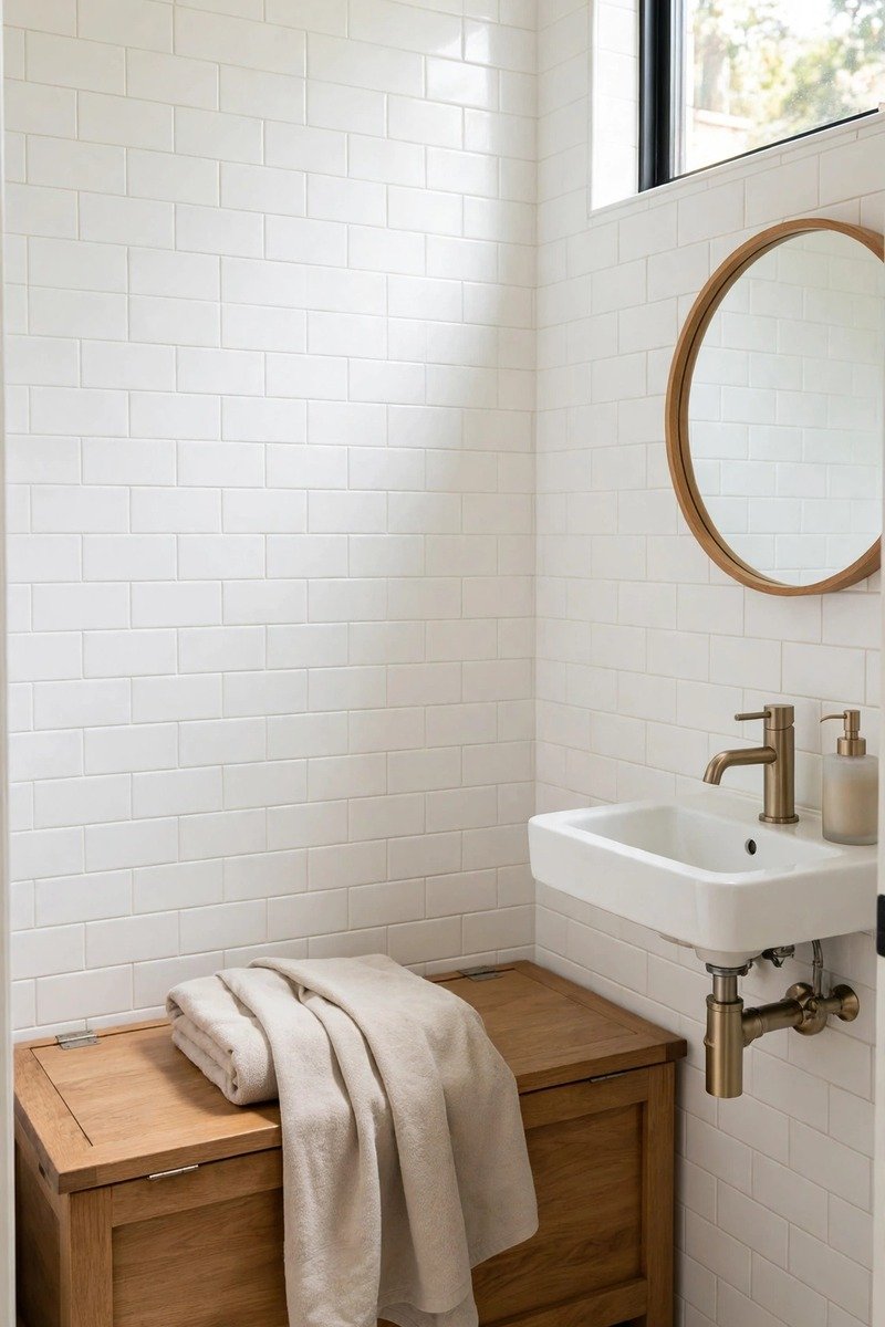 Storage bench with a lid in a small bathroom