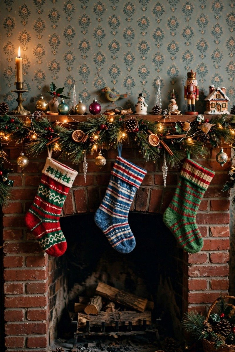 90s style Christmas mantel with garland and stockings