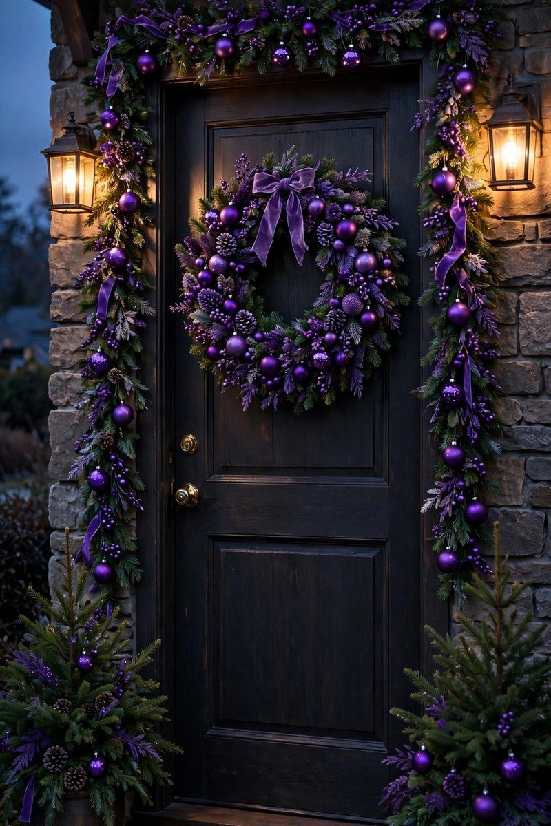 Front door with a lush purple Christmas wreath and matching garland