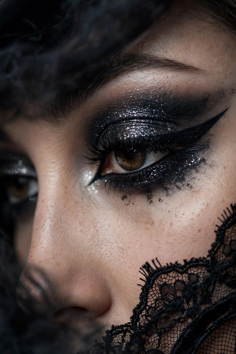 Close-up of dramatic smoky eye makeup with gold shimmer