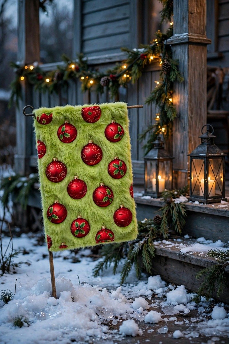 Decorated mailbox styled like Whoville with crooked post and greenery