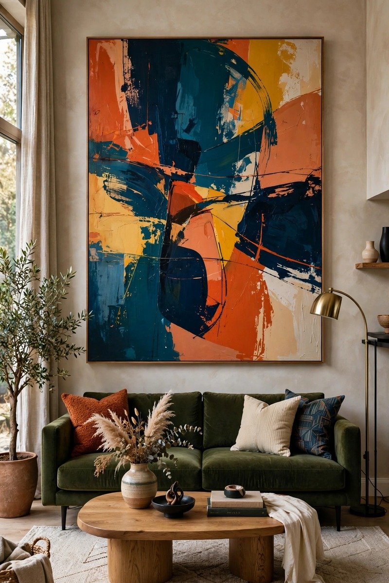Living room featuring one oversized abstract art piece above the sofa