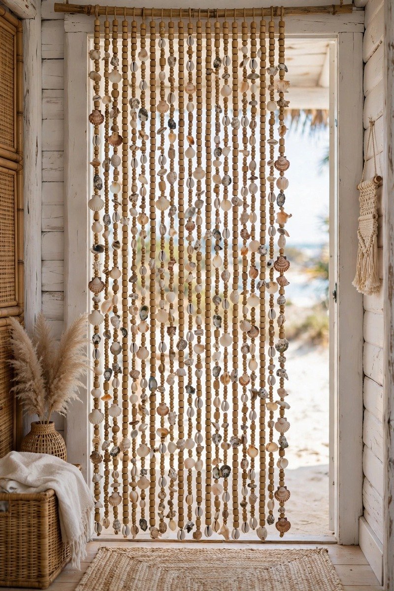 Bamboo beaded curtain accented with small seashells for coastal style