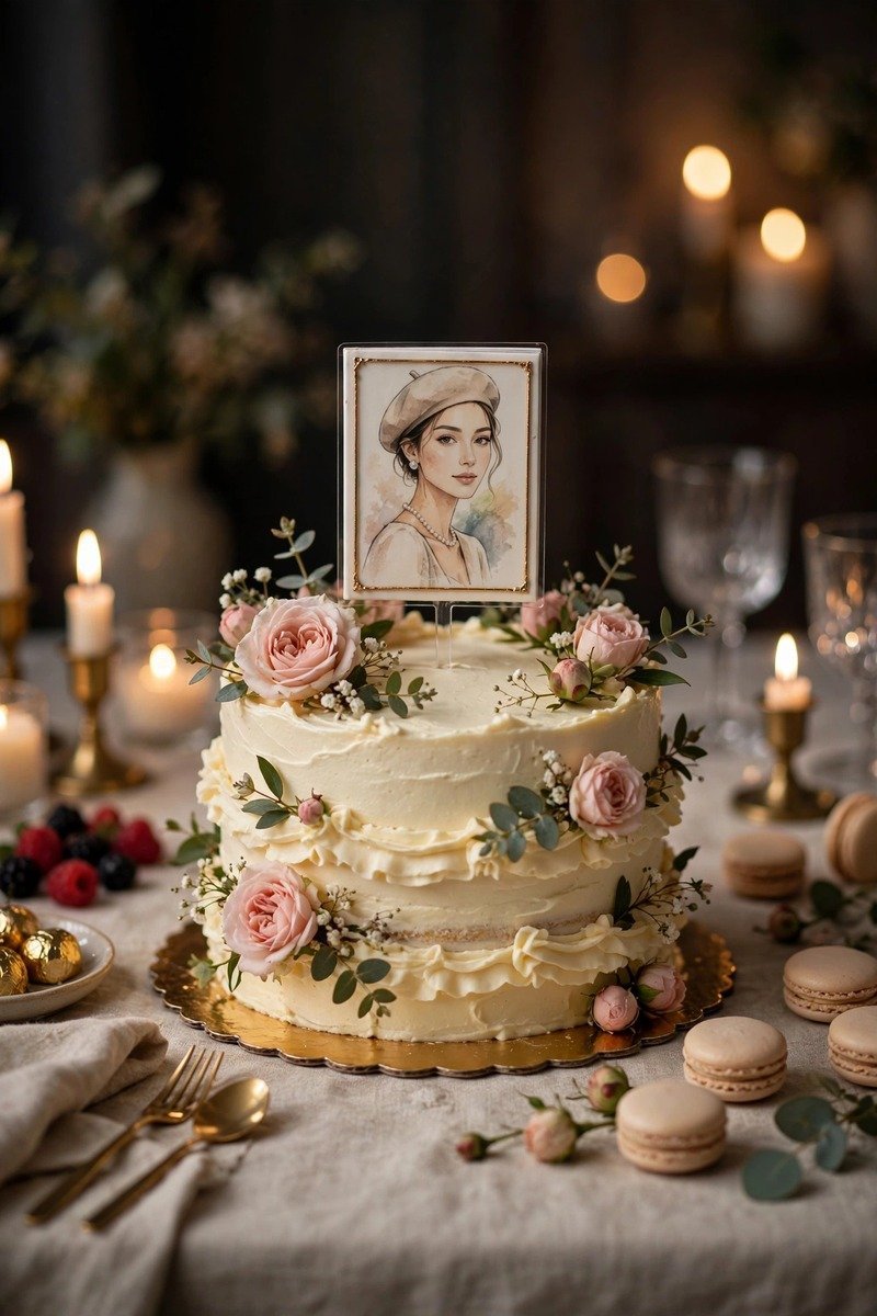 Mini birthday magazine cover used as cake topper on decorated birthday cake