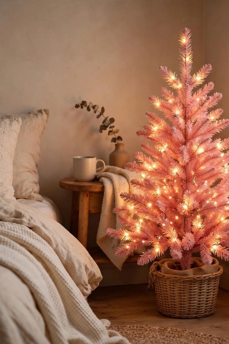 Small pink Christmas tree glowing in a cozy bedroom corner