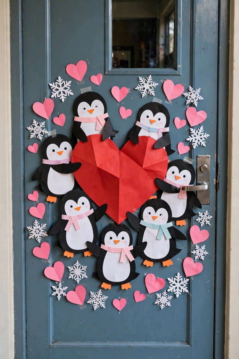 Classroom door with cute penguins holding a heart together