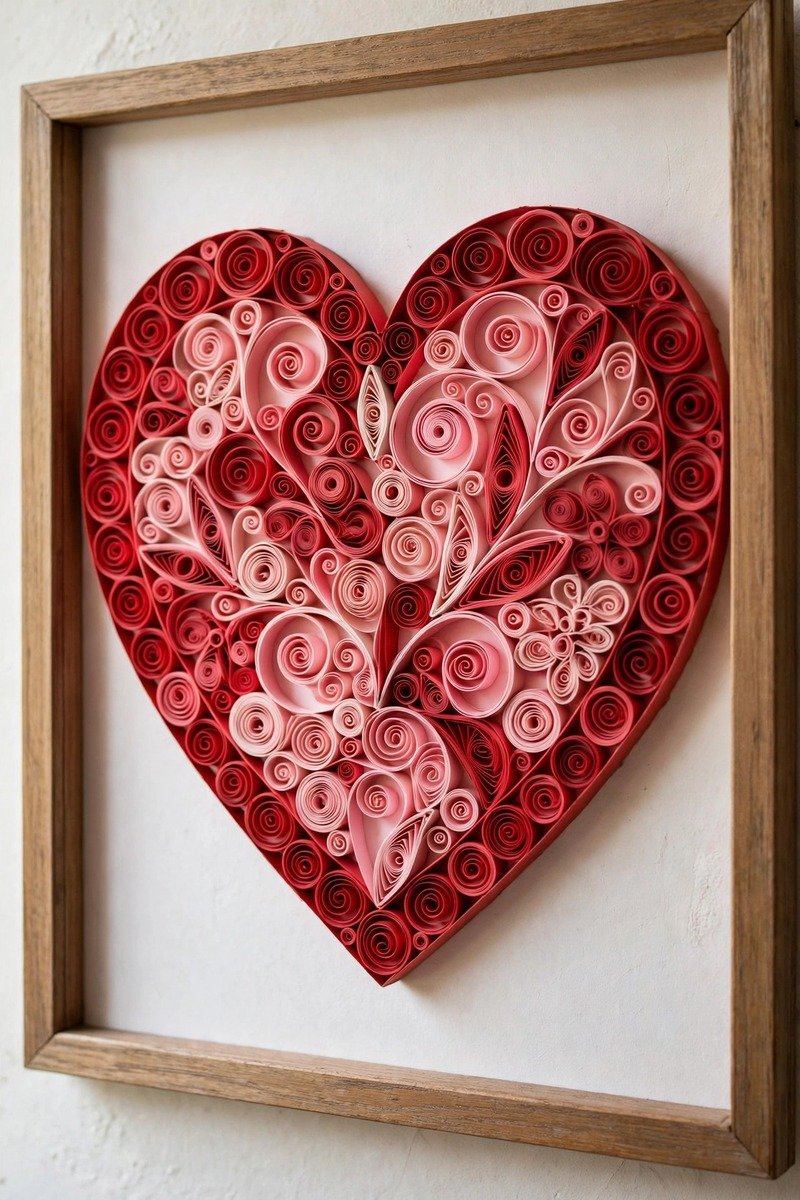 Paper quilled heart artwork in red and pink tones
