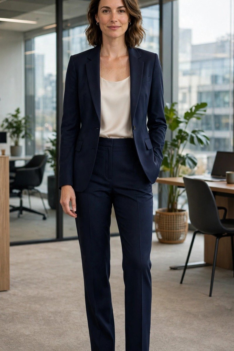 Woman in sleeveless shell top, blazer, and trousers