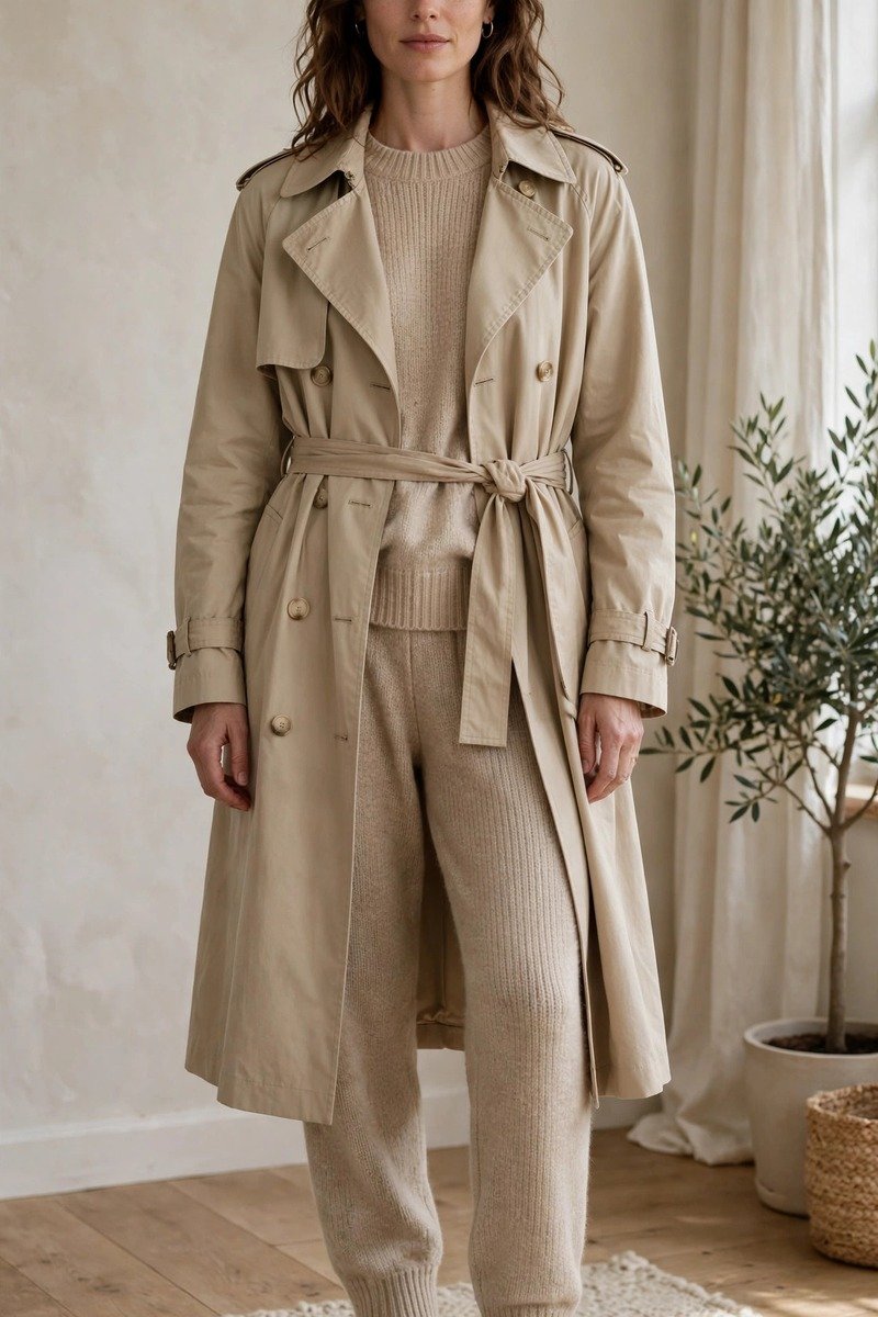 Woman in trench coat with knit co-ord set