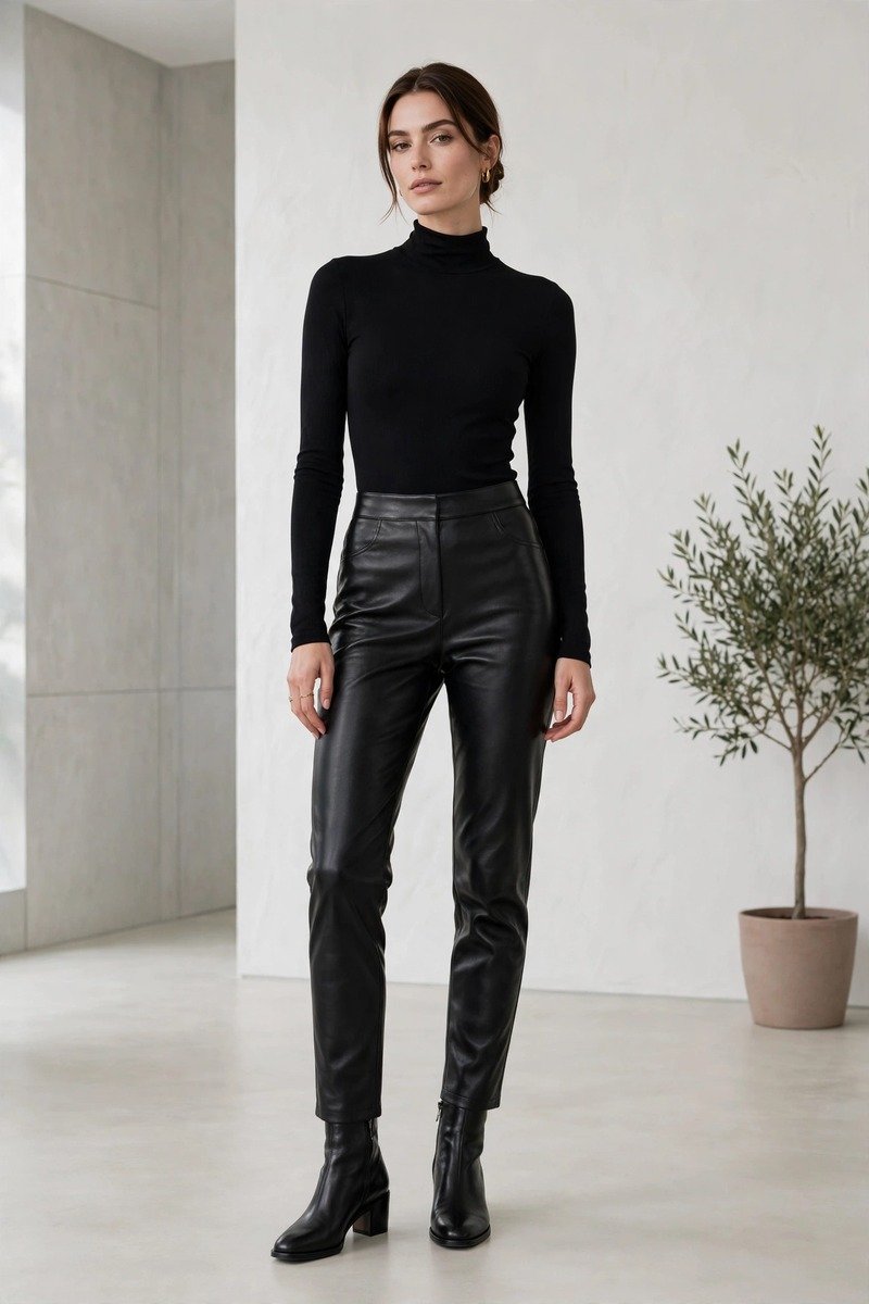 Woman in leather pants with black bodysuit