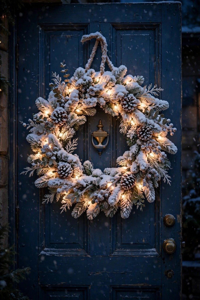 Snowy flocked Christmas wreath with warm white lights glowing