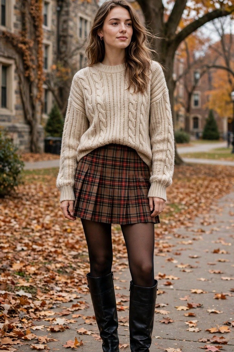 Woman in knee-high boots, plaid mini skirt, and sweater