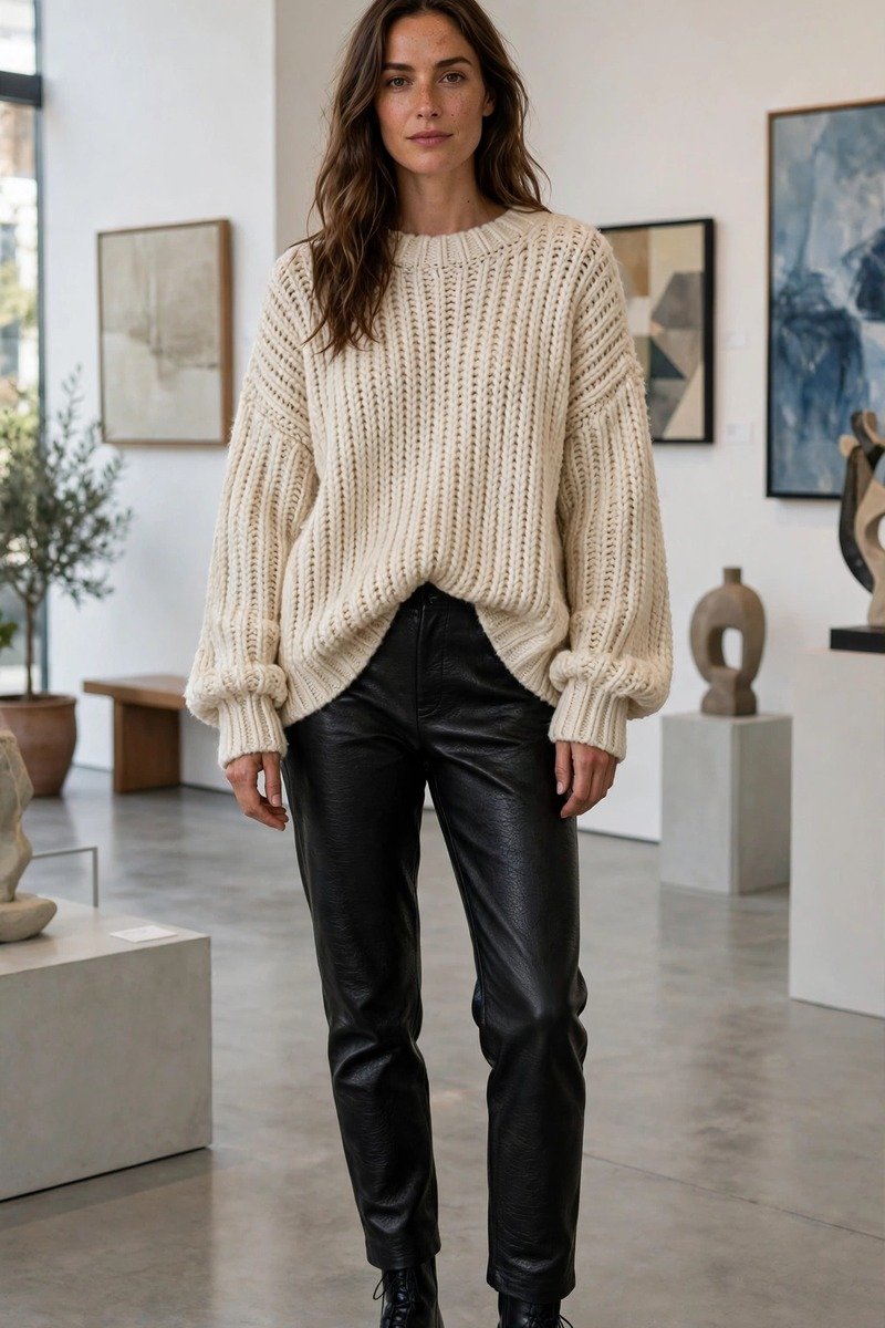 Woman in leather pants and oversized sweater in a gallery