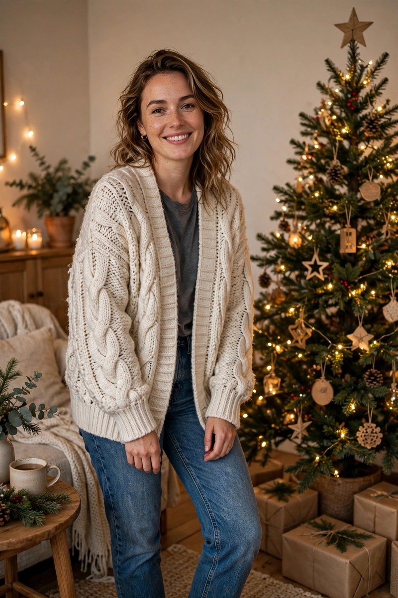 Woman in a chunky cardigan and jeans for a casual Christmas photo