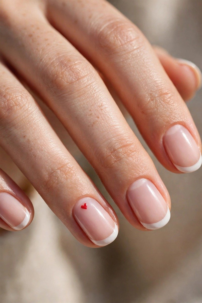 White French tips with a tiny heart above the cuticle