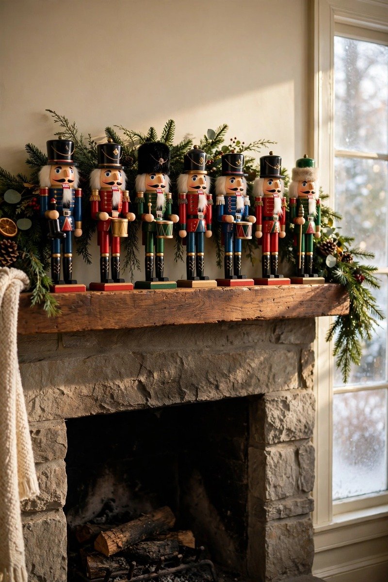 Christmas mantle decorated with a nutcracker collection