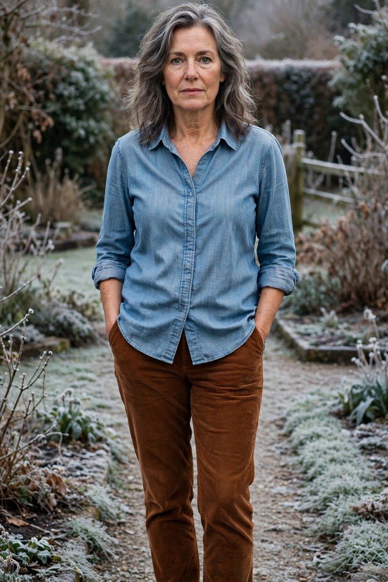 Woman over 50 in corduroy pants with a chambray shirt
