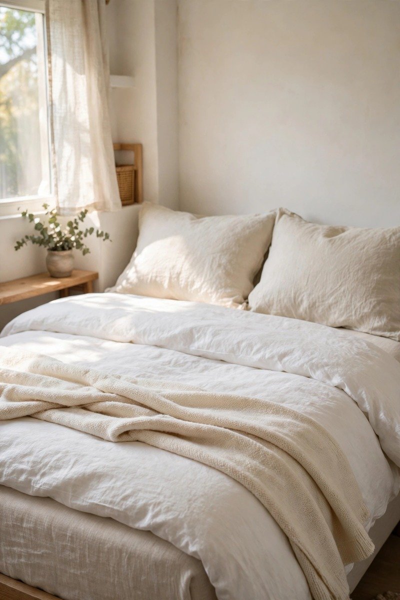 Small bedroom with light layered bedding