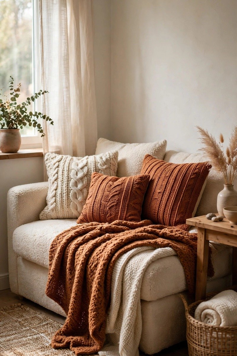 Small living room with warm textured throws and cushions