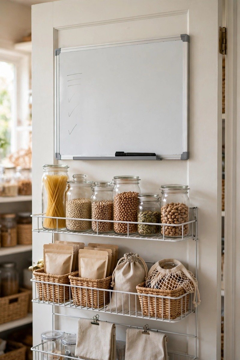 Shopping list whiteboard on the inside of a pantry door