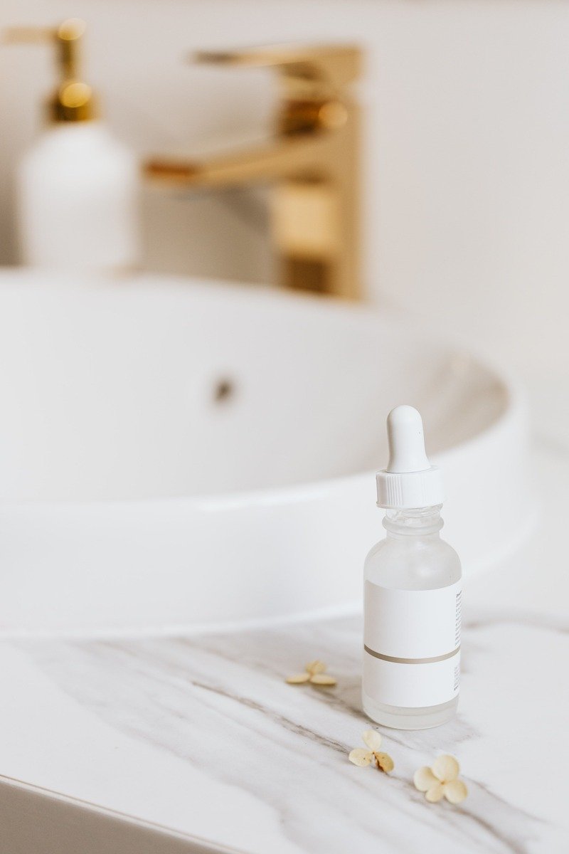 Serum bottle on a bathroom counter