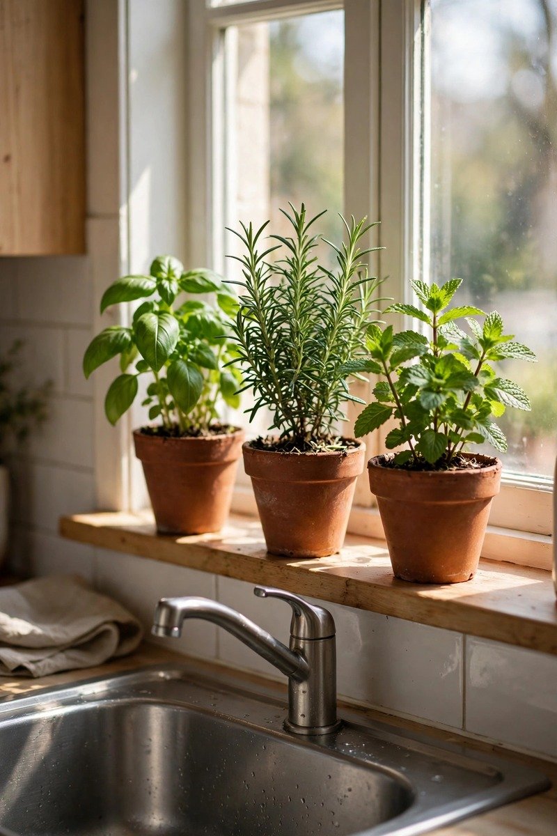 Herb pots on a kitchen windowsill